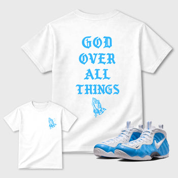 God Over All Things sneaker match t-shirt styled to complete your fit with the Air Foamposite Pro University Blue sneakers, shown in White.