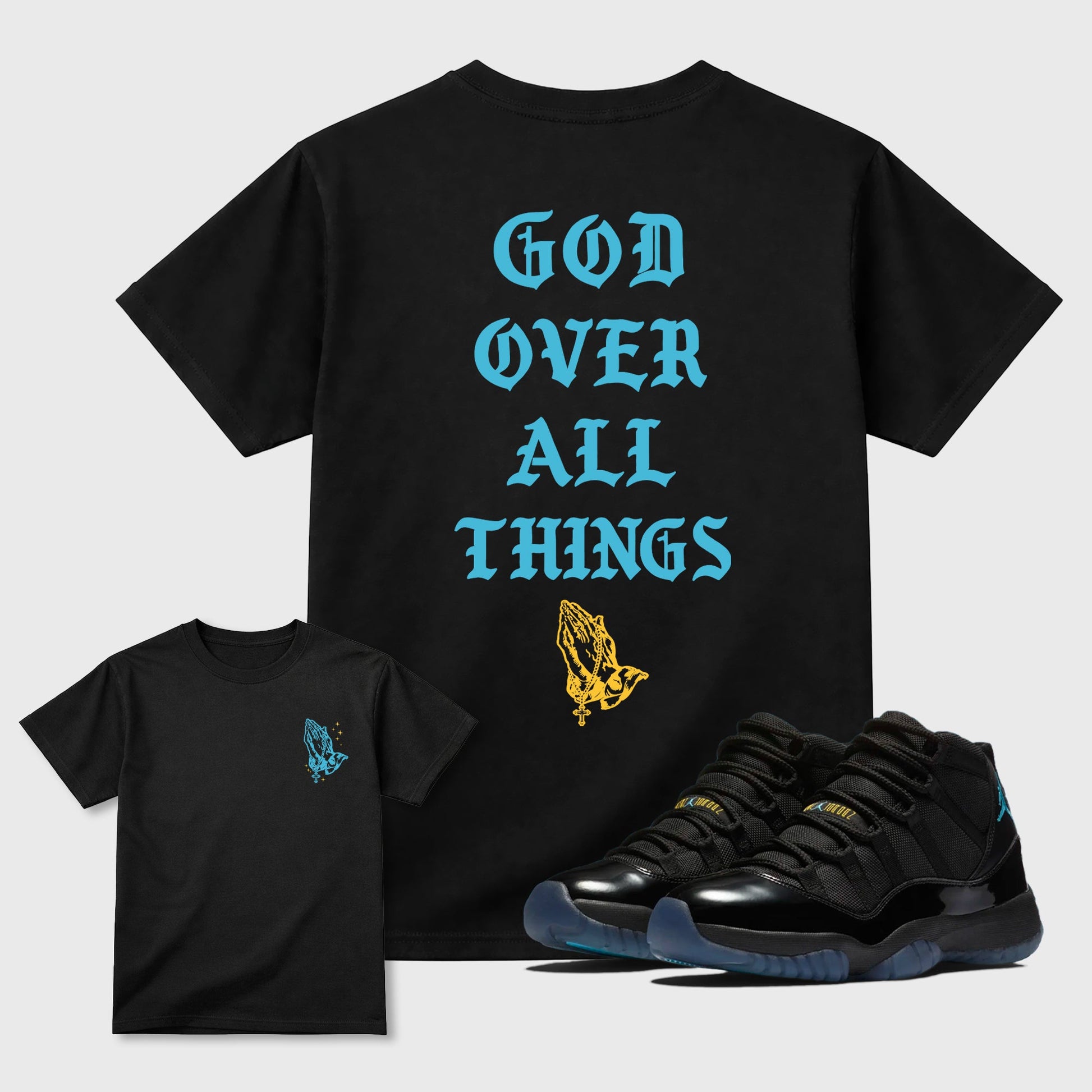God Over All Things sneaker match t-shirt styled to complete your fit with the 11s Gamma sneakers, shown in Black.