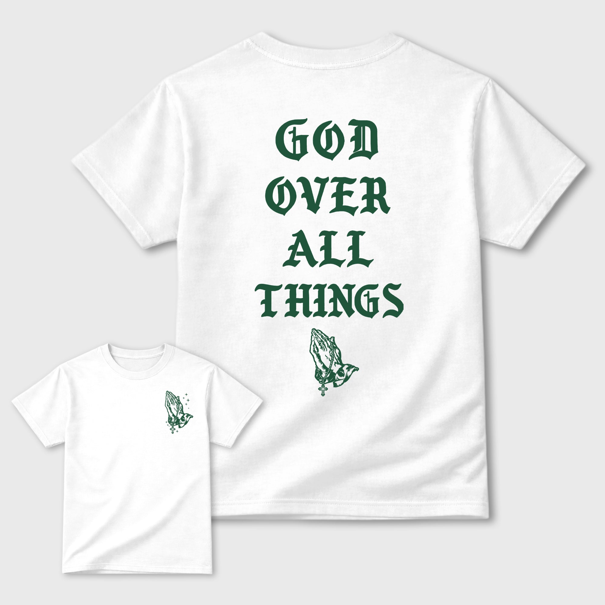 God Over All Things White Graphic T-Shirt - 3, sneaker matching shirt designed to pair with Air Jordan 12 Bucks sneakers for a coordinated streetwear outfit.