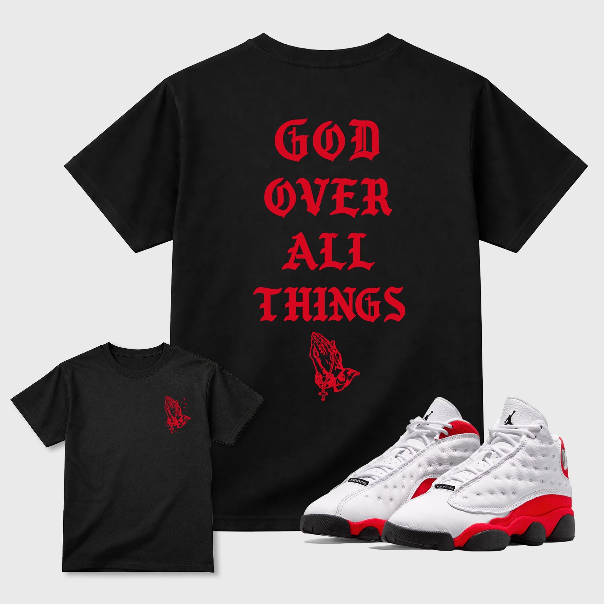 God Over All Things sneaker match t-shirt styled to complete your fit with the 13s Chicago sneakers, shown in Black.