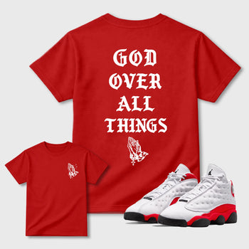 God Over All Things sneaker match t-shirt styled to complete your fit with the 13s Chicago sneakers, shown in Red.