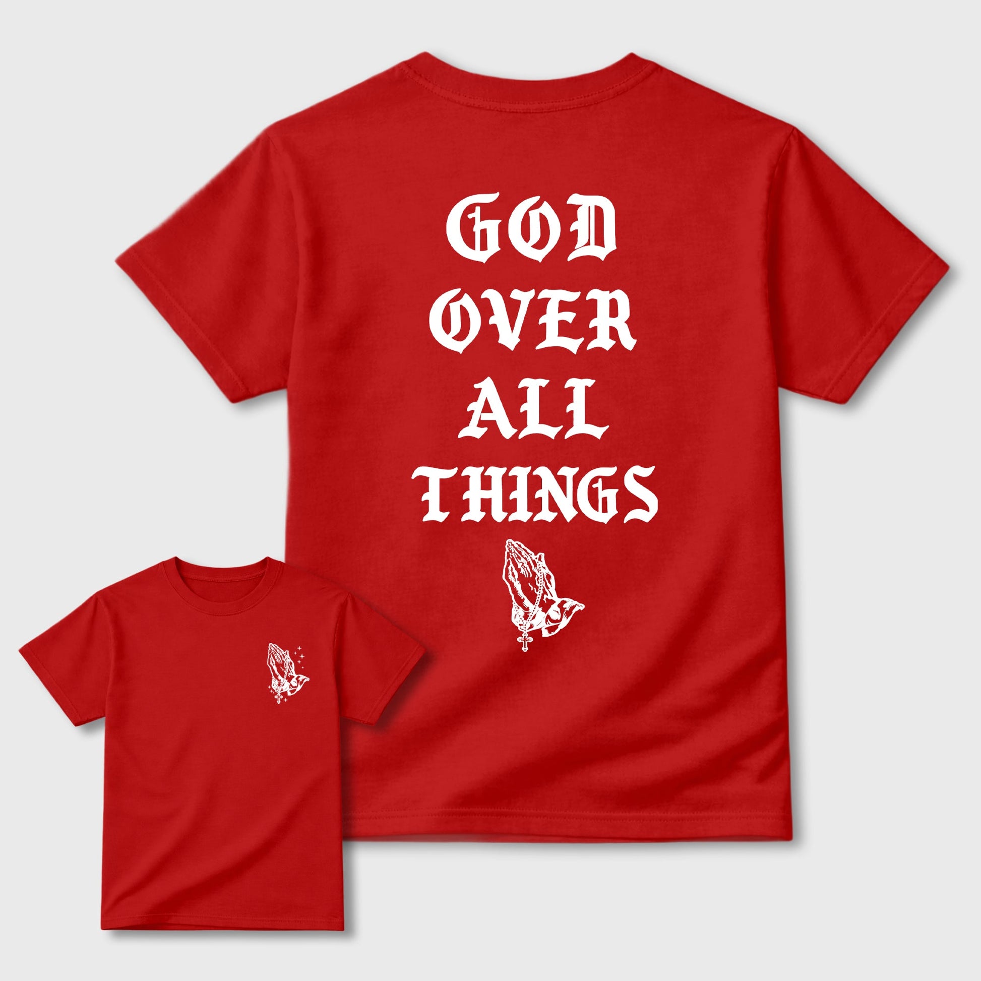 God Over All Things sneaker match t-shirt styled to complete your fit with the 13s Chicago sneakers, shown in Red.