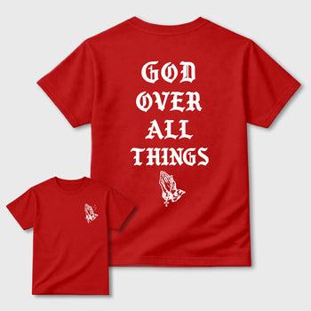 God Over All Things sneaker match t-shirt styled to complete your fit with the 13s Chicago sneakers, shown in Red.