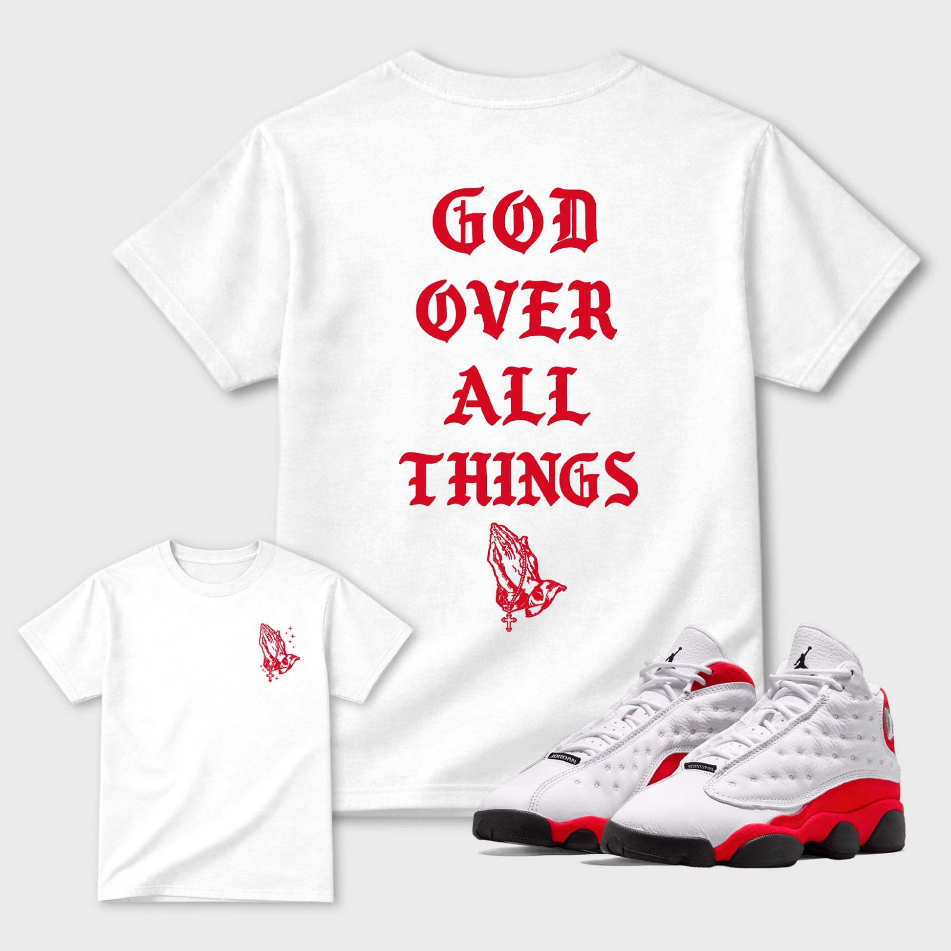 God Over All Things sneaker match t-shirt styled to complete your fit with the 13s Chicago sneakers, shown in White.