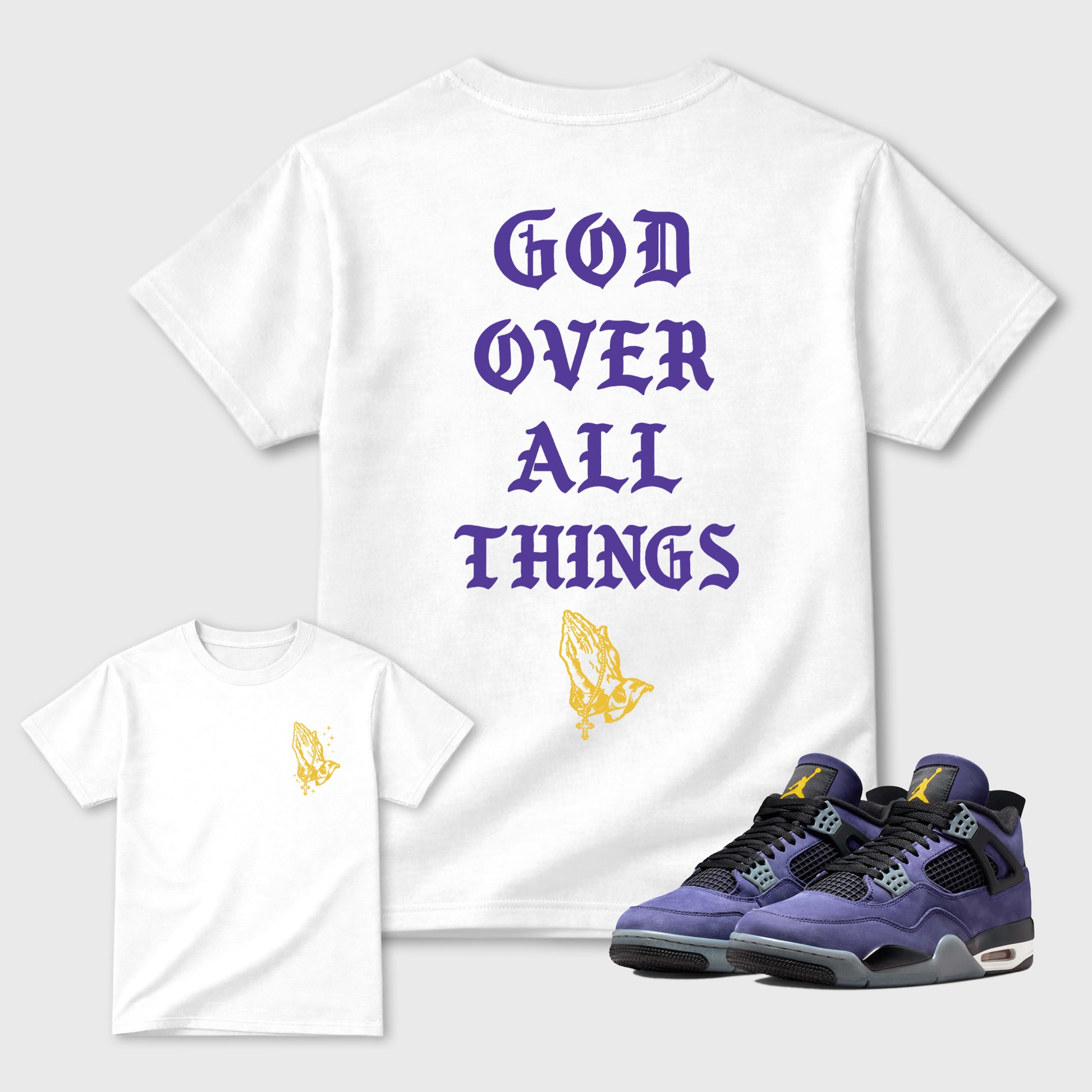 God Over All Things sneaker match t-shirt styled to complete your fit with the Air Jordan 4 Lakeshow sneakers, shown in White.