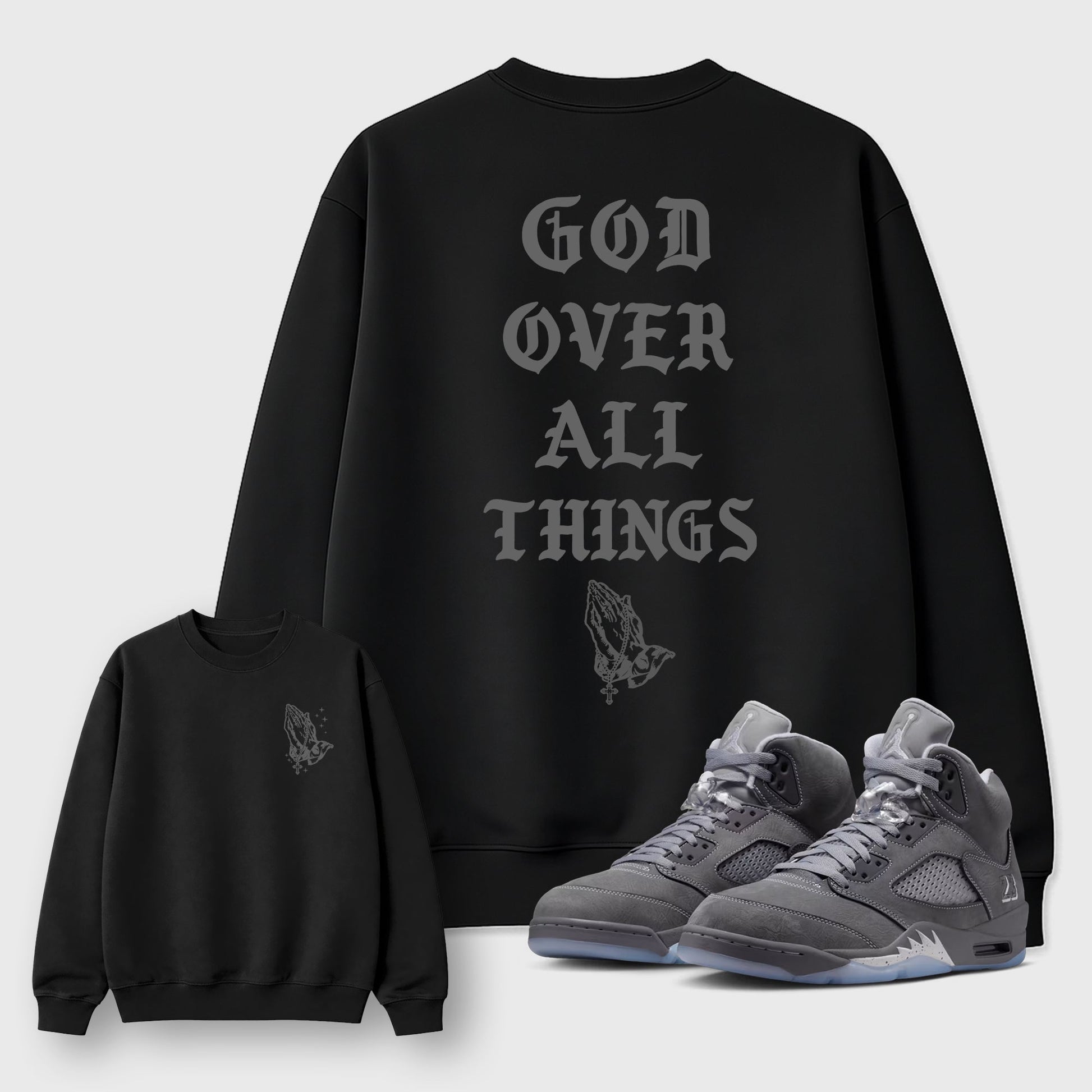 God Over All Things sneaker match t-shirt styled to complete your fit with the 5s Wolf Grey sneakers, shown in Black.