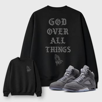 God Over All Things sneaker match t-shirt styled to complete your fit with the 5s Wolf Grey sneakers, shown in Black.