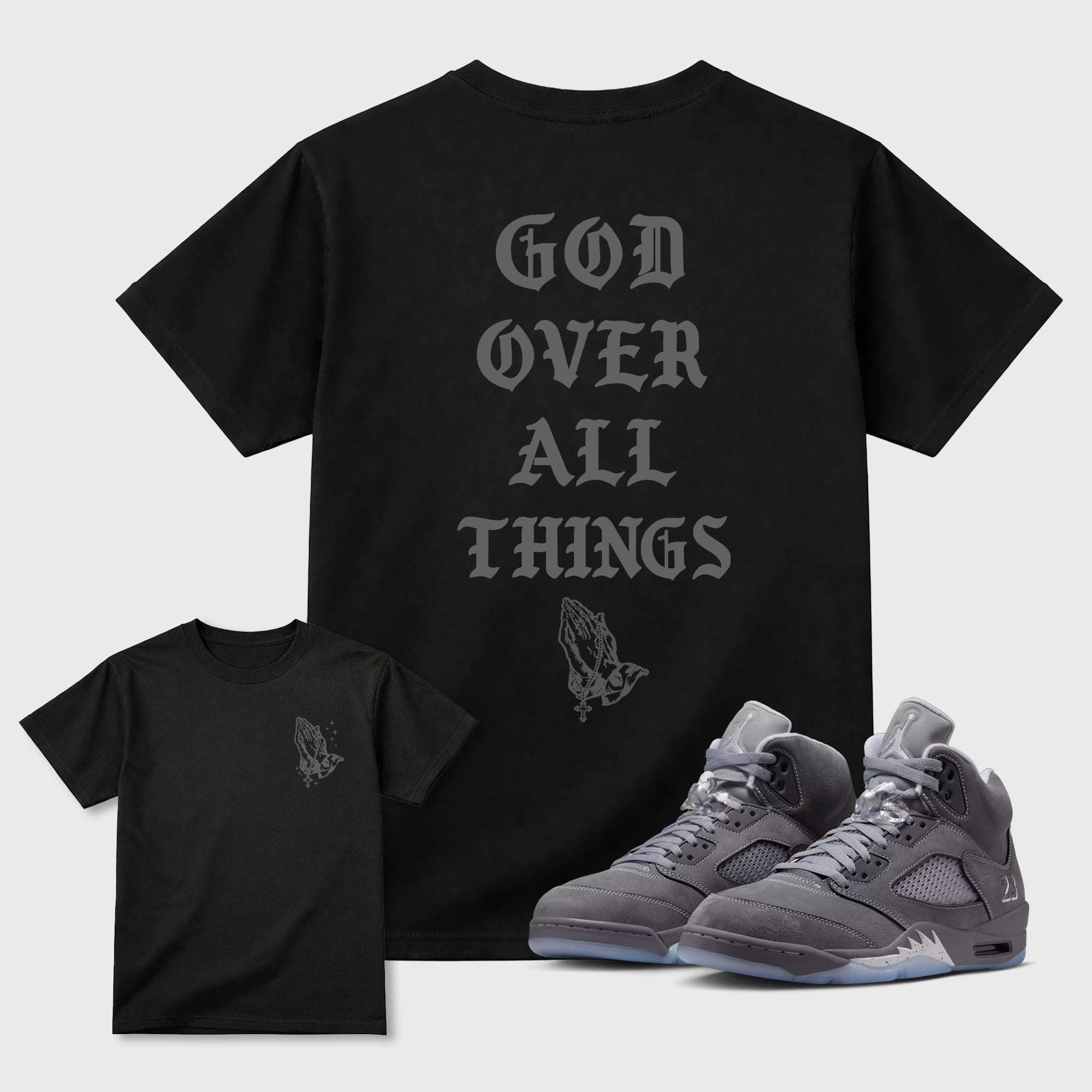 God Over All Things sneaker match t-shirt styled to complete your fit with the 5s Wolf Grey sneakers, shown in Black.