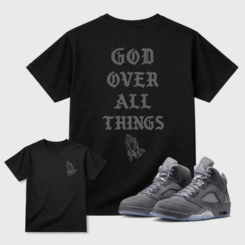 God Over All Things sneaker match t-shirt styled to complete your fit with the 5s Wolf Grey sneakers, shown in Black.