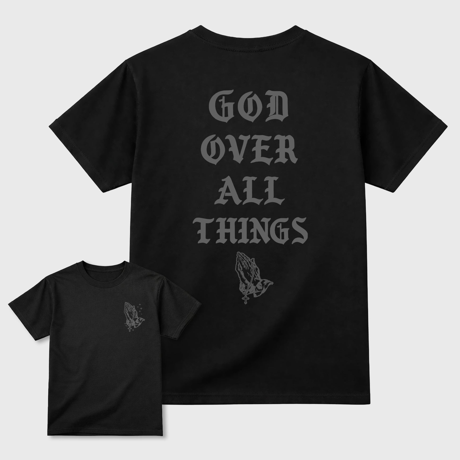God Over All Things sneaker match t-shirt styled to complete your fit with the 5s Wolf Grey sneakers, shown in Black.