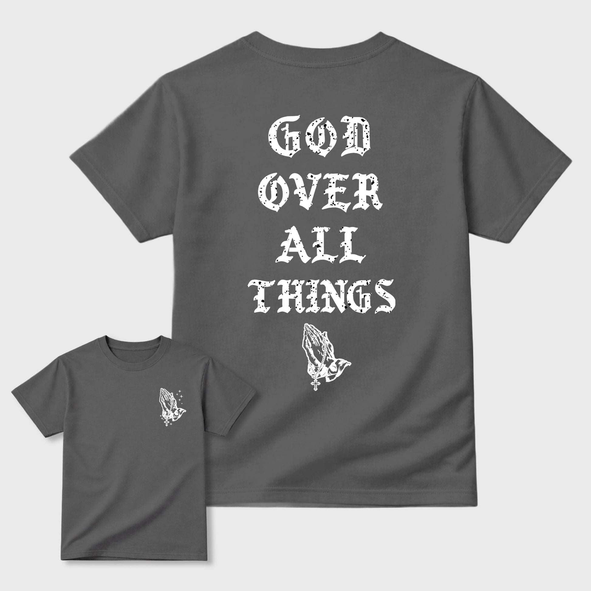 God Over All Things sneaker match t-shirt styled to complete your fit with the 5s Wolf Grey sneakers, shown in Cool Grey.