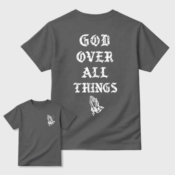 God Over All Things sneaker match t-shirt styled to complete your fit with the 5s Wolf Grey sneakers, shown in Cool Grey.