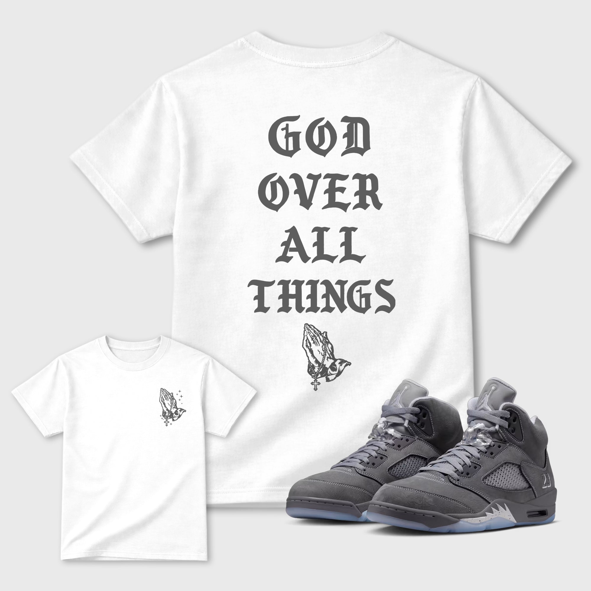 God Over All Things sneaker match t-shirt styled to complete your fit with the 5s Wolf Grey sneakers, shown in White.