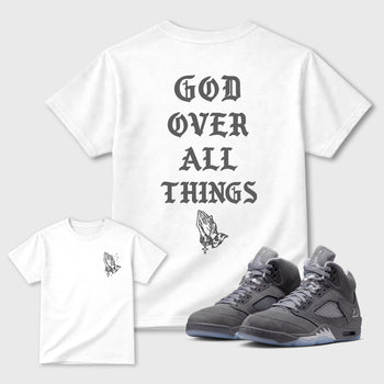 God Over All Things sneaker match t-shirt styled to complete your fit with the 5s Wolf Grey sneakers, shown in White.