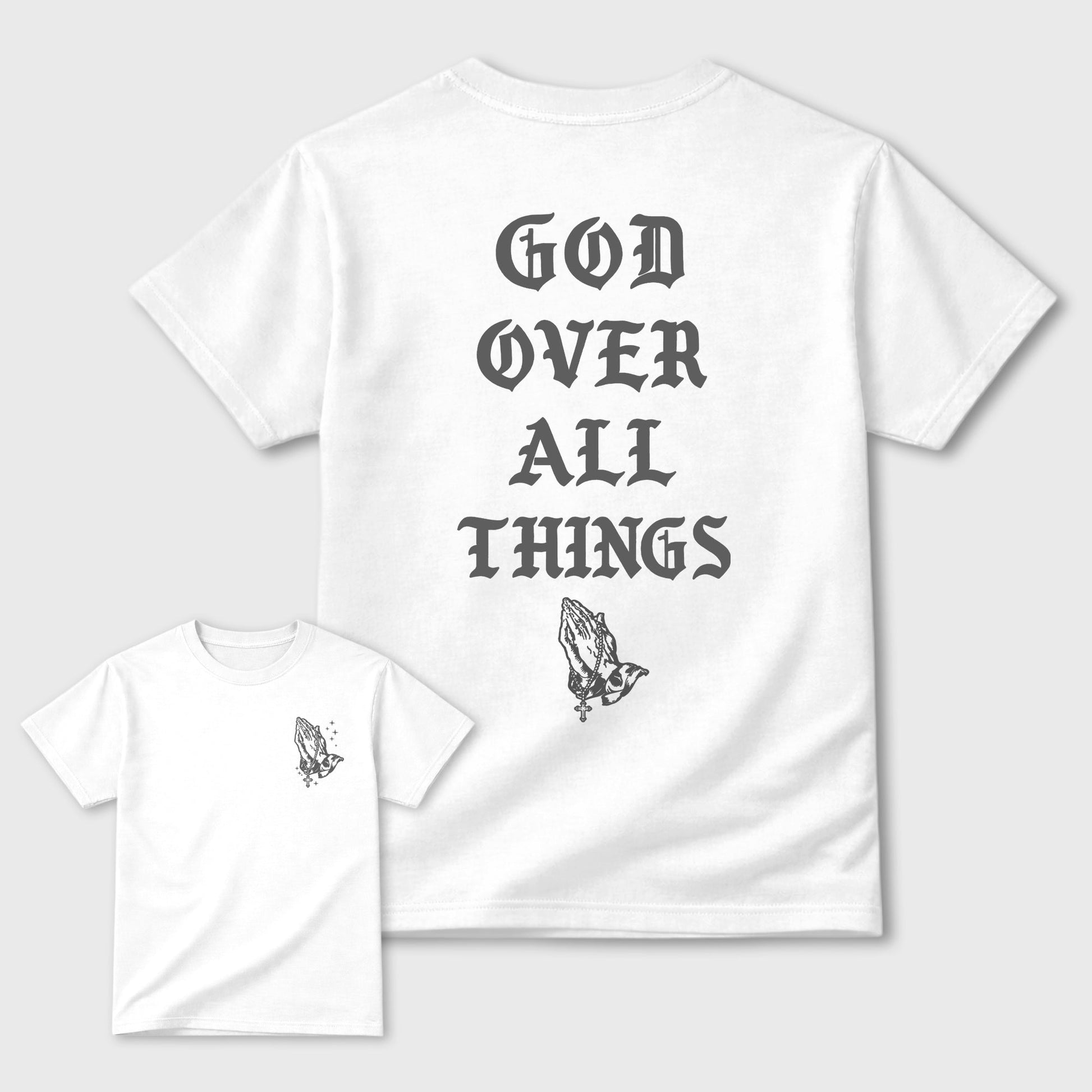 God Over All Things sneaker match t-shirt styled to complete your fit with the 5s Wolf Grey sneakers, shown in White.