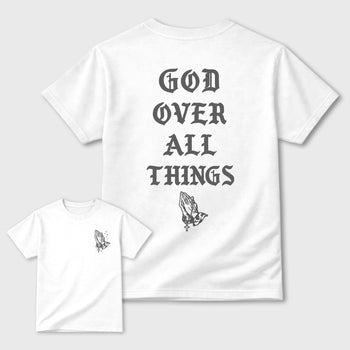 God Over All Things sneaker match t-shirt styled to complete your fit with the 5s Wolf Grey sneakers, shown in White.