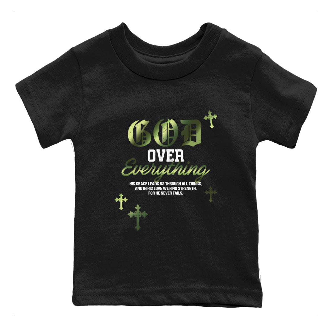 Best Christmas gifts for sneakerheads - Sneaker Tees To Match Air Foamposite One Pine Green Sneakers – God Over Everything Kids T-Shirt Black 2