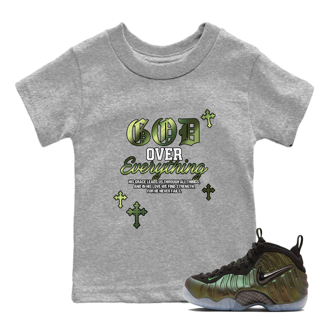 Best Christmas gifts for sneakerheads - Sneaker Tees To Match Air Foamposite One Pine Green Sneakers – God Over Everything Kids T-Shirt Heather Grey 1