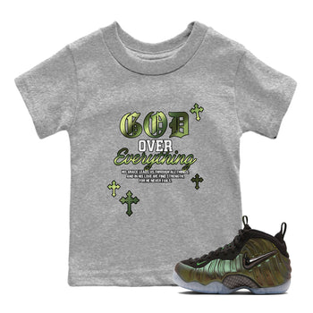 Best Christmas gifts for sneakerheads - Sneaker Tees To Match Air Foamposite One Pine Green Sneakers – God Over Everything Kids T-Shirt Heather Grey 1