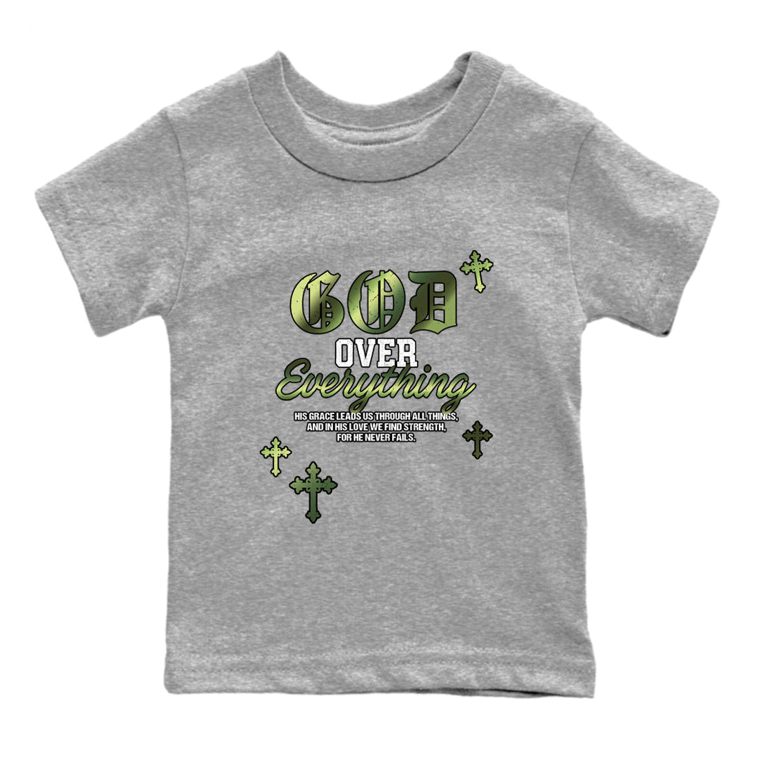 Best Christmas gifts for sneakerheads - Sneaker Tees To Match Air Foamposite One Pine Green Sneakers – God Over Everything Kids T-Shirt Heather Grey 2