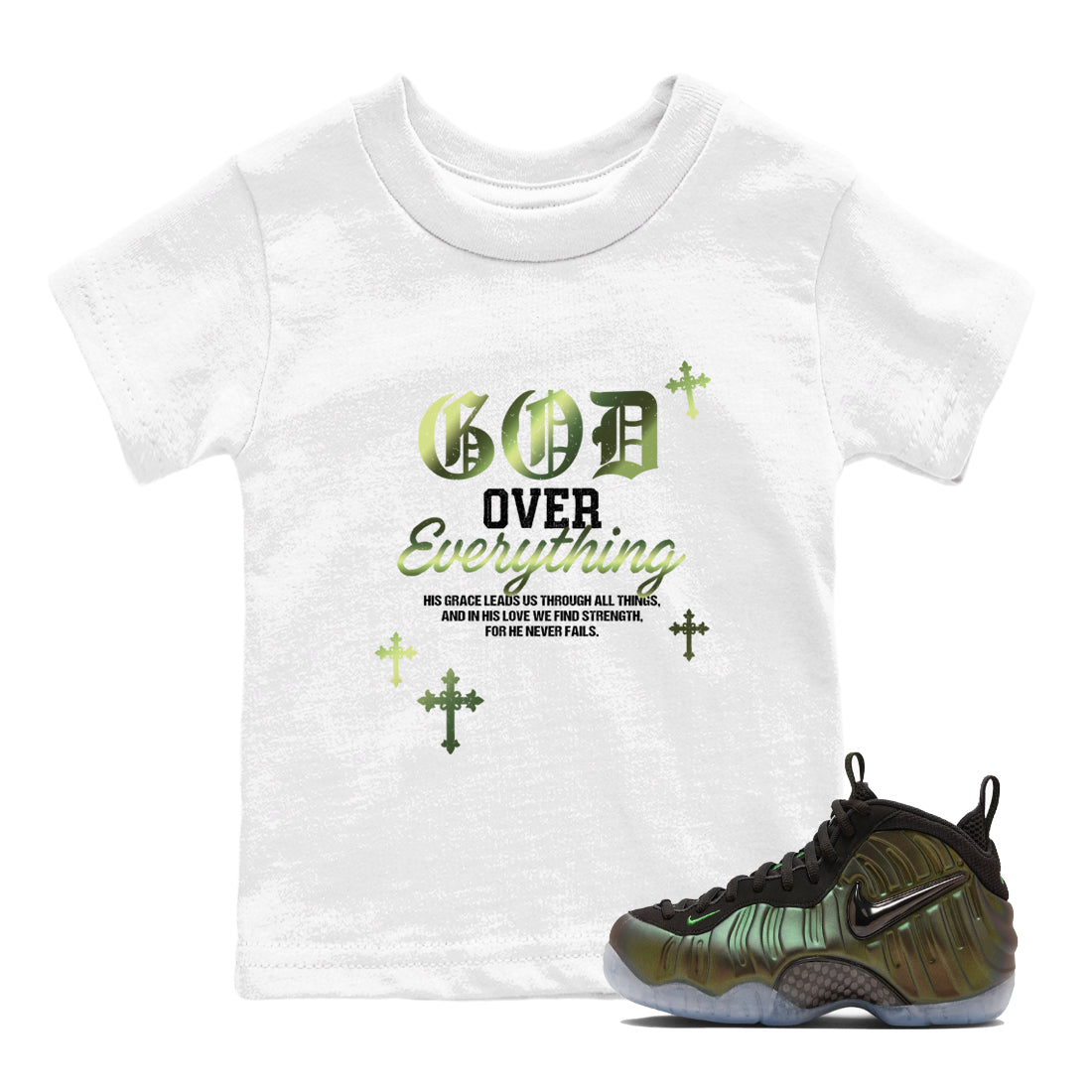 Best Christmas gifts for sneakerheads - Sneaker Tees To Match Air Foamposite One Pine Green Sneakers – God Over Everything Kids T-Shirt White 1