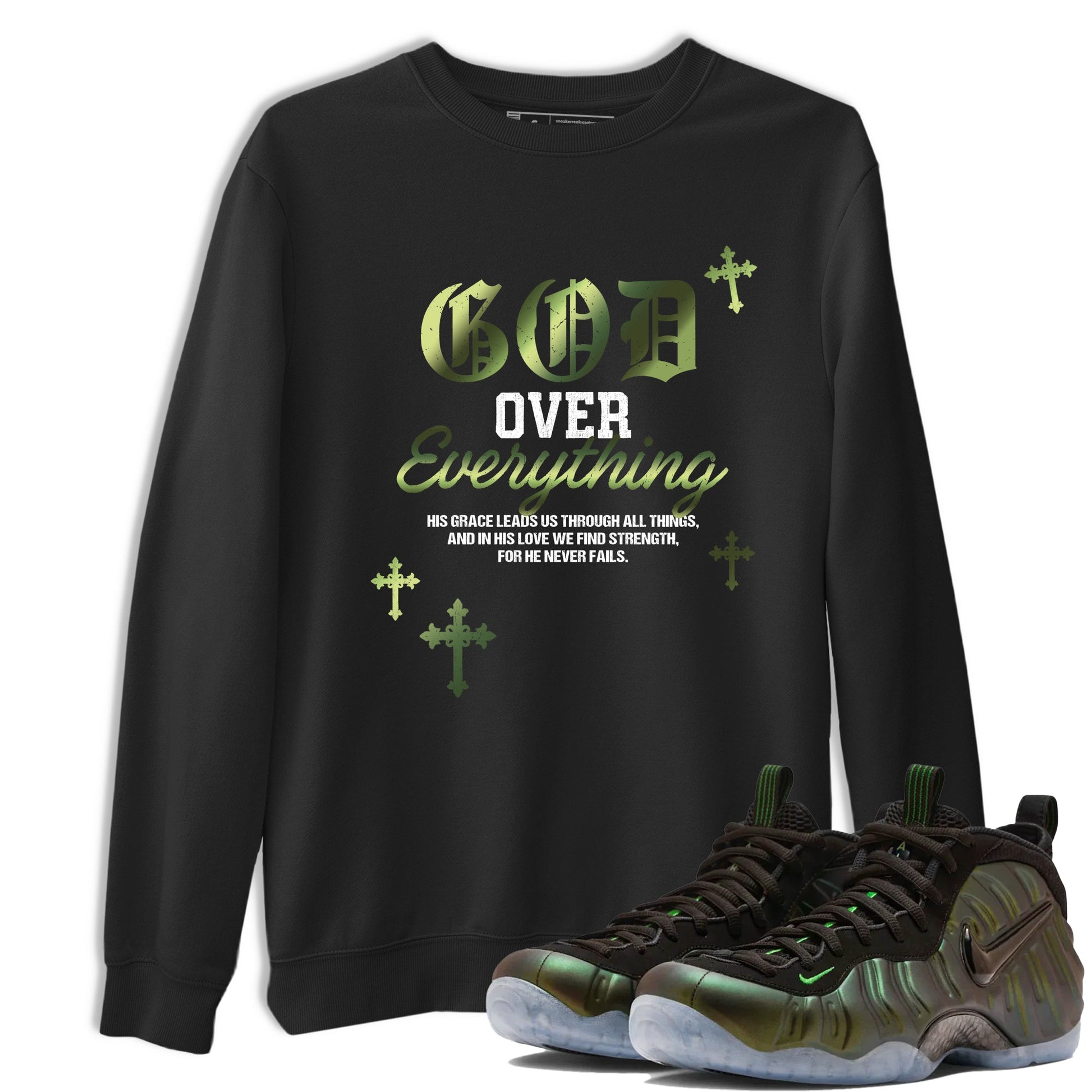 Best Christmas gifts for sneakerheads - Sneaker Tees To Match Air Foamposite One Pine Green Sneakers – God Over Everything Tee Black 1