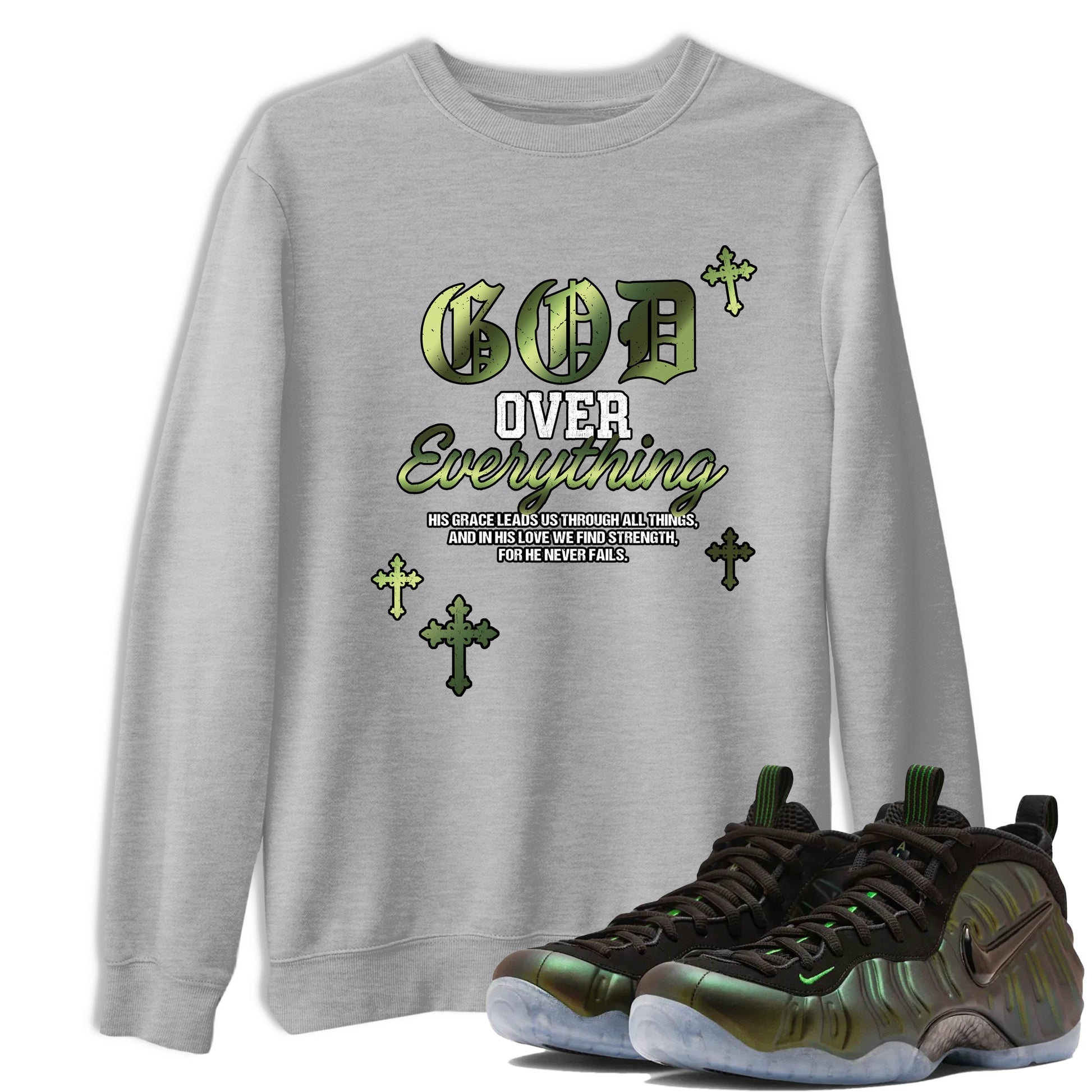 Best Christmas gifts for sneakerheads - Sneaker Tees To Match Air Foamposite One Pine Green Sneakers – God Over Everything Tee Heather Grey 1