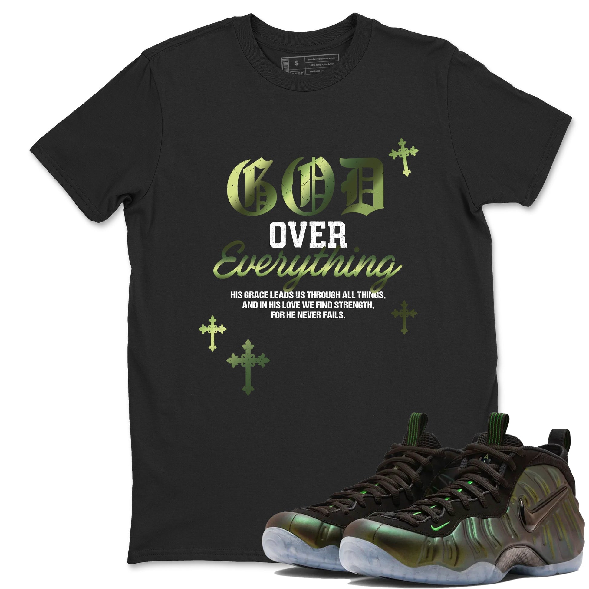 Best Christmas gifts for sneakerheads - Sneaker Tees To Match Air Foamposite One Pine Green Sneakers – God Over Everything Tee Black 1