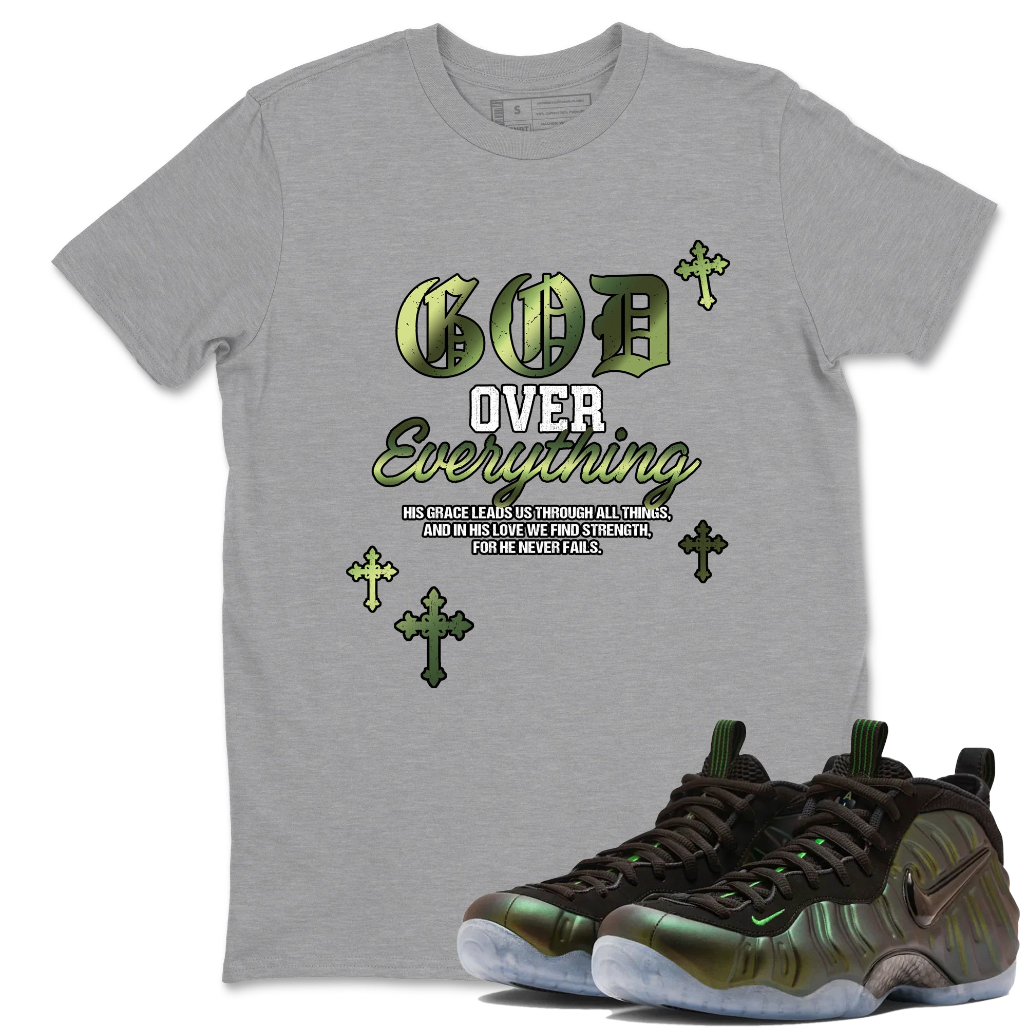Best Christmas gifts for sneakerheads - Sneaker Tees To Match Air Foamposite One Pine Green Sneakers – God Over Everything Tee Heather Grey 1