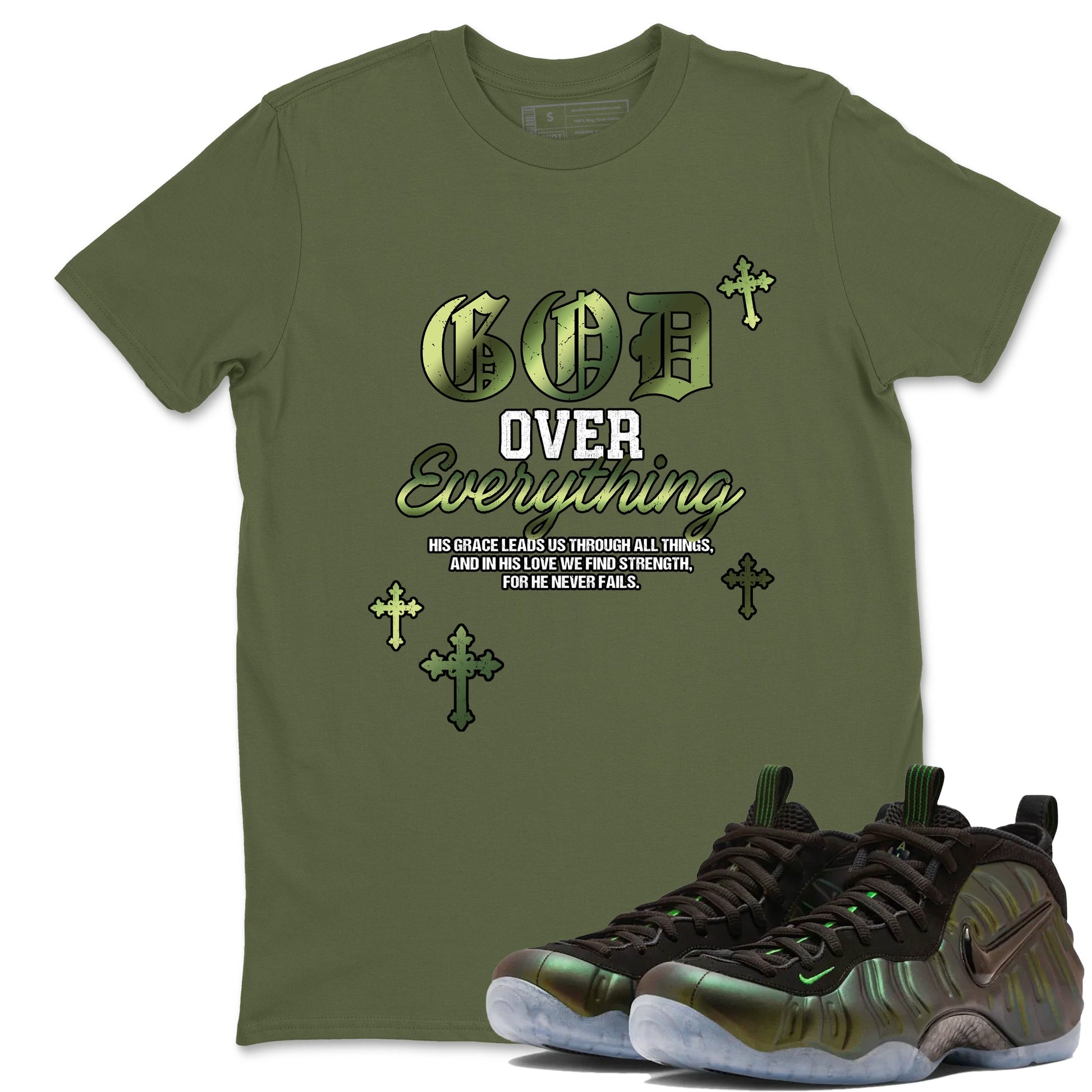 Best Christmas gifts for sneakerheads - Sneaker Tees To Match Air Foamposite One Pine Green Sneakers – God Over Everything Tee Military Green 1