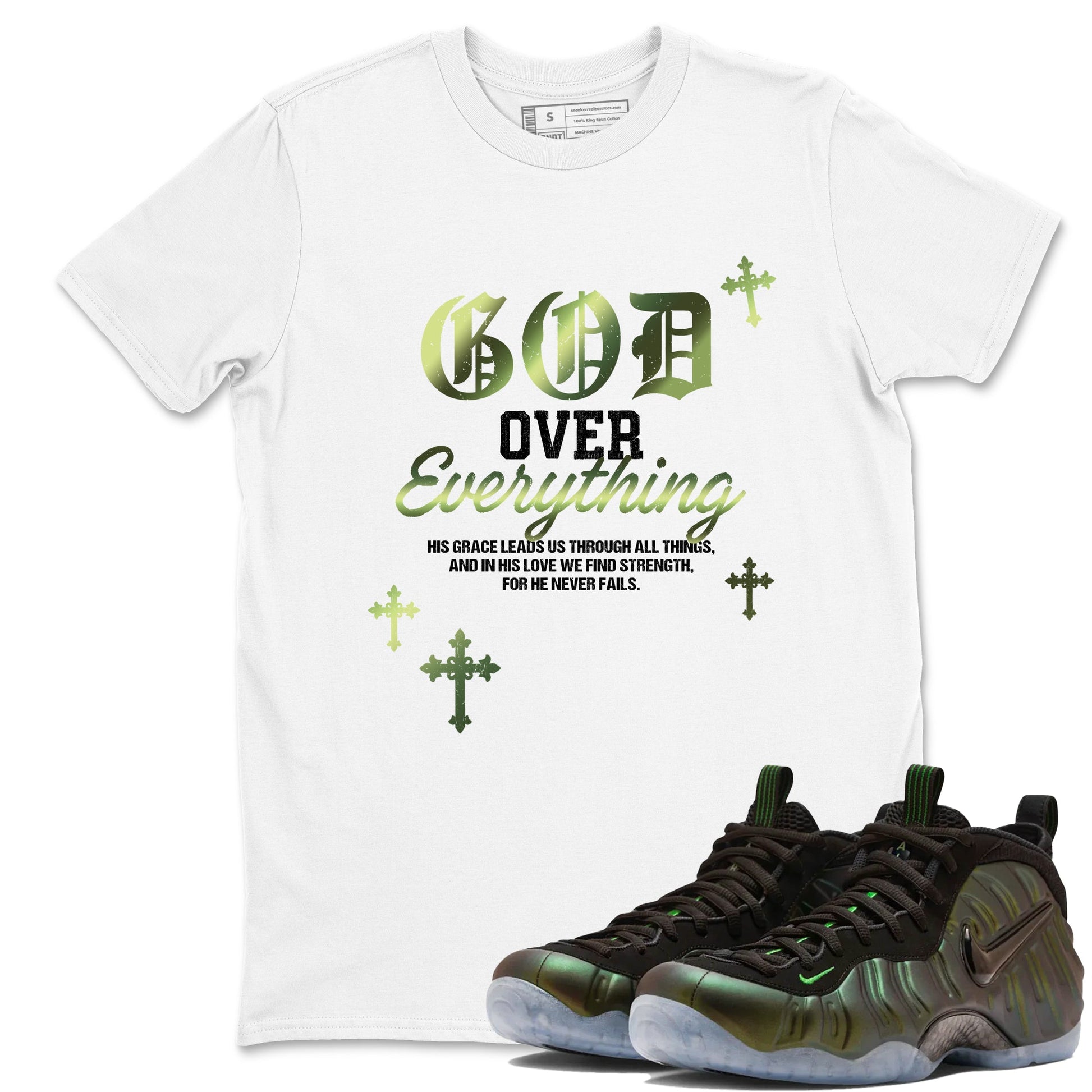 Best Christmas gifts for sneakerheads - Sneaker Tees To Match Air Foamposite One Pine Green Sneakers – God Over Everything Tee White 1