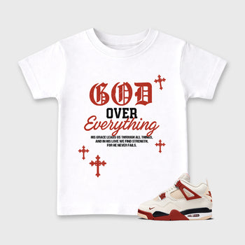 God Over Everything affordable baby and kids t-shirt designed to match the Air Jordan 4 Brick After Brick, featuring coordinated White 1 options for the perfect little sneakerhead streetwear look.