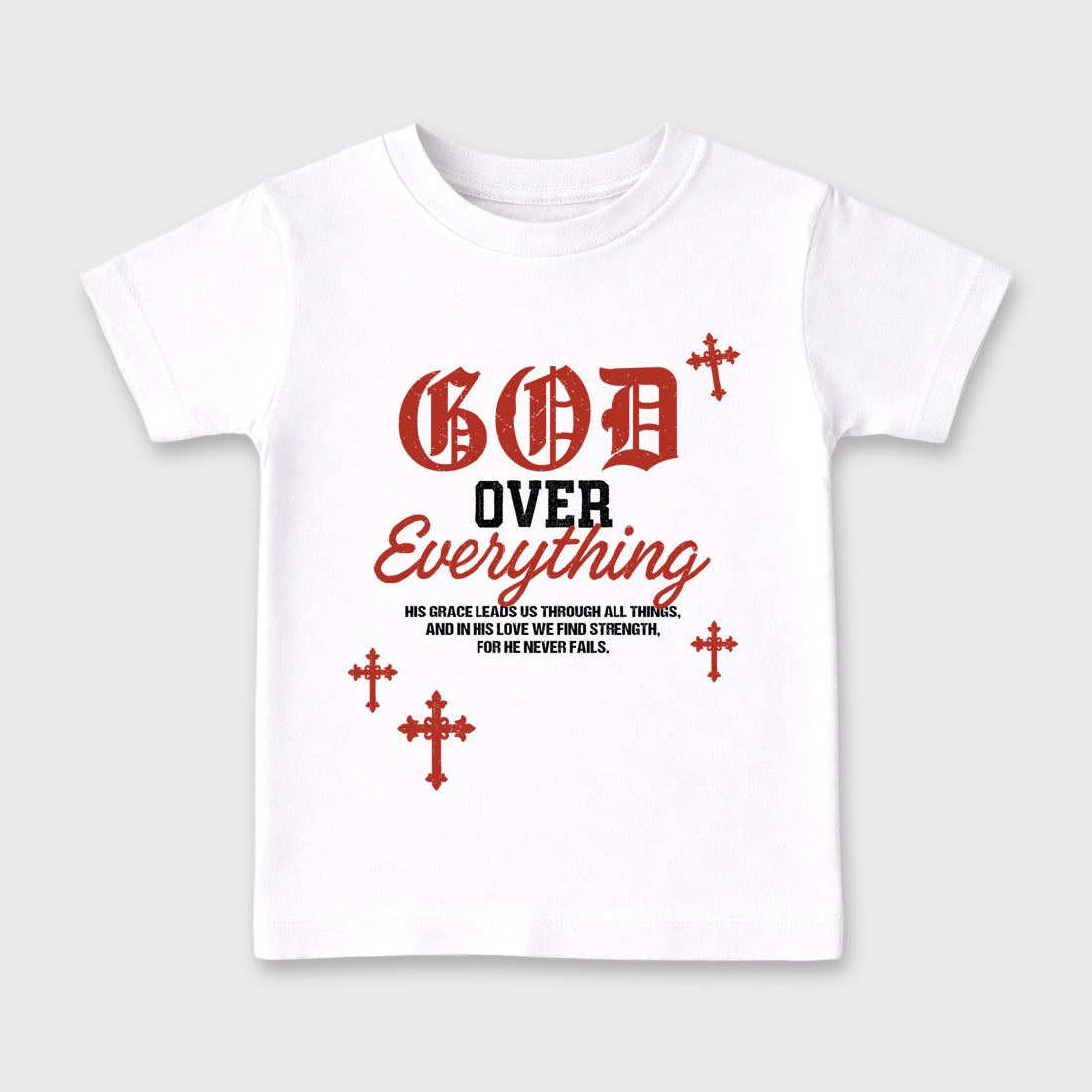 God Over Everything affordable baby and kids t-shirt designed to match the Air Jordan 4 Brick After Brick, featuring coordinated White 2 options for the perfect little sneakerhead streetwear look.
