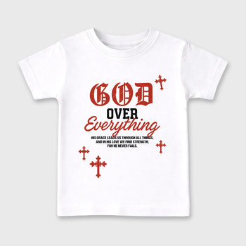 God Over Everything affordable baby and kids t-shirt designed to match the Air Jordan 4 Brick After Brick, featuring coordinated White 2 options for the perfect little sneakerhead streetwear look.