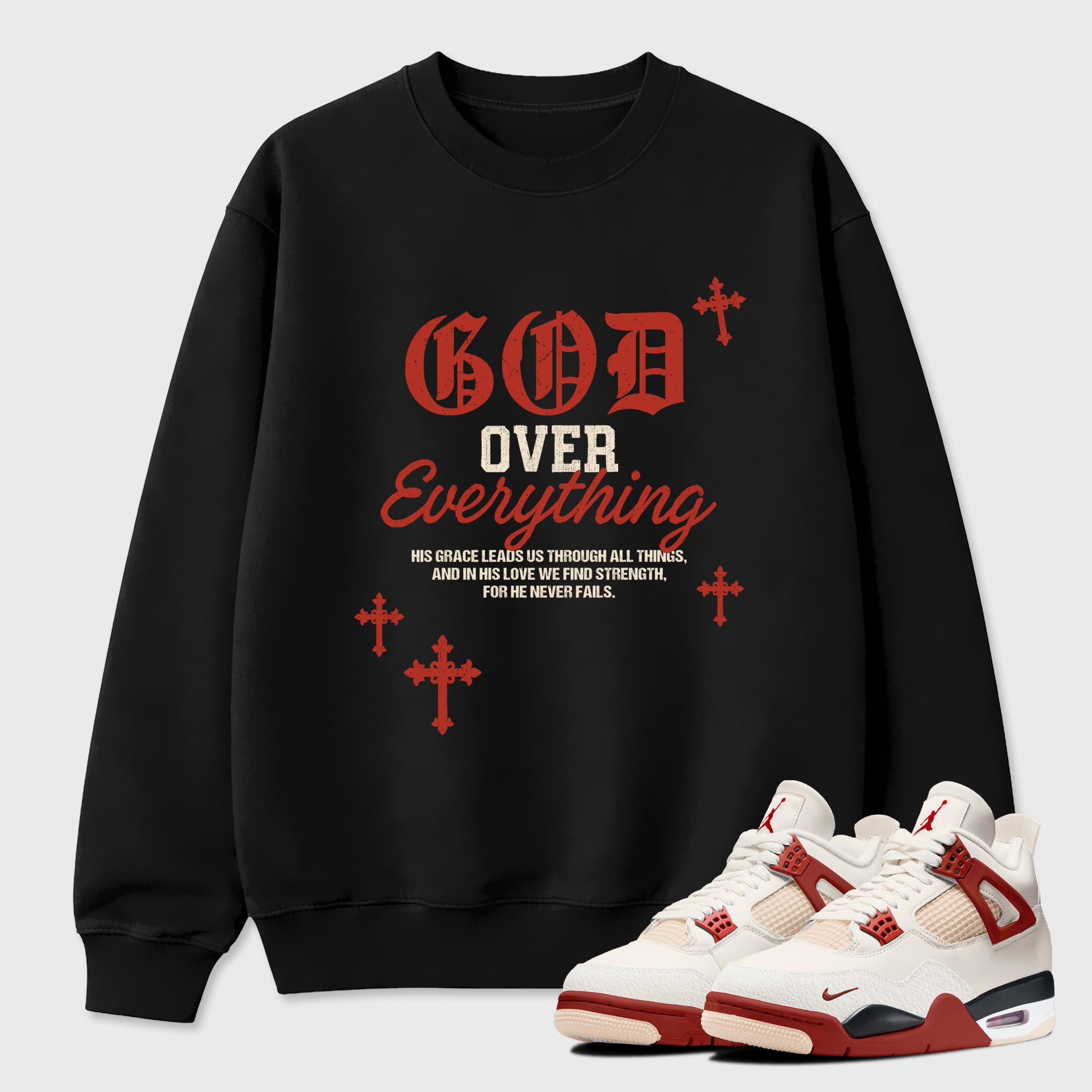 God Over Everything Graphic T-Shirt sneaker match tee designed for the Air Jordan 4 Brick After Brick, featuring coordinated color options for a perfect streetwear match. Black 1 shirt.
