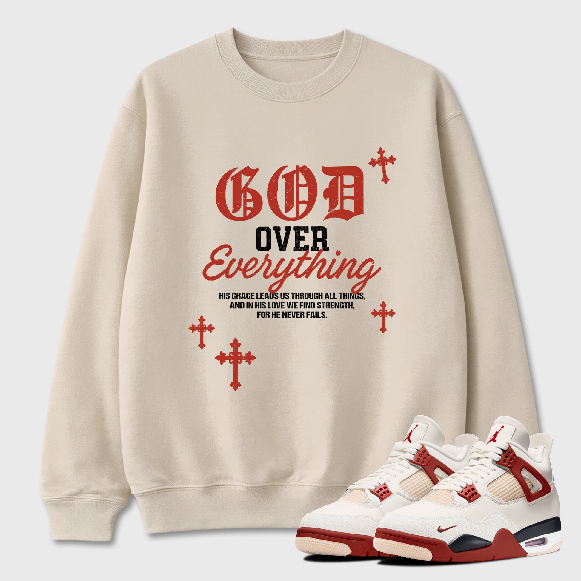 God Over Everything Graphic T-Shirt sneaker match tee designed for the Air Jordan 4 Brick After Brick, featuring coordinated color options for a perfect streetwear match. Natural 1 shirt.