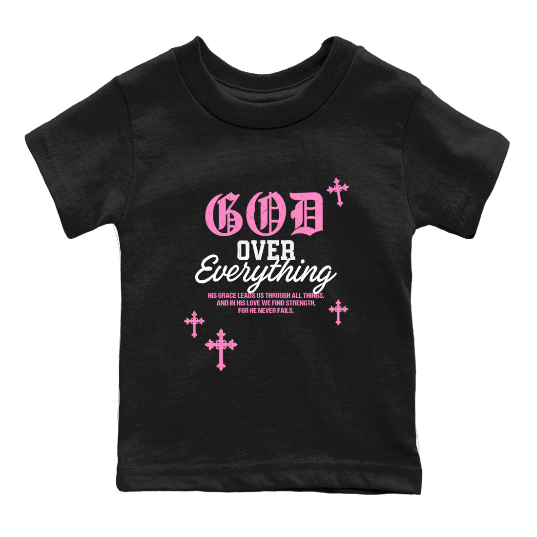 Sneaker match tees – Sneaker Tees To Match Air Jordan 4 Pink Thunder Shoes – God Over Everything Kids T-Shirt Black 2