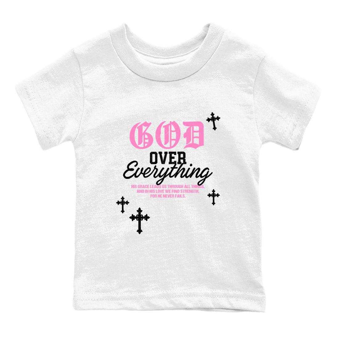 Sneaker match tees – Sneaker Tees To Match Air Jordan 4 Pink Thunder Shoes – God Over Everything Kids T-Shirt White 2