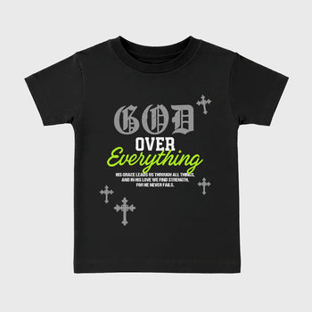 Sneakerfit graphic tee destination – Sneaker Tees To Match Air Max 90 Neon Yellow Sneakers – God Over Everything Kids T-Shirt Black 2
