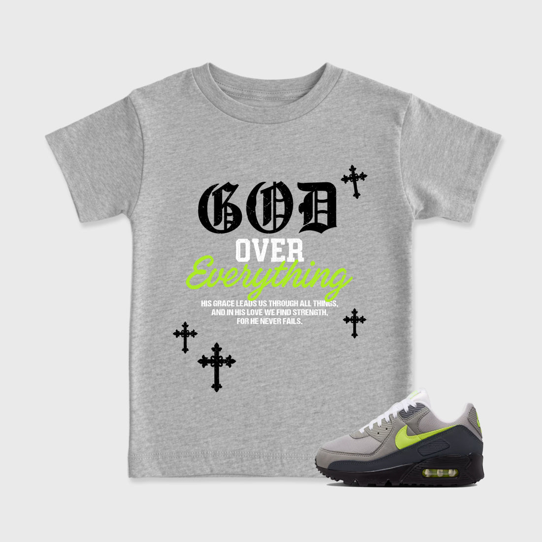 Sneakerfit graphic tee destination – Sneaker Tees To Match Air Max 90 Neon Yellow Sneakers – God Over Everything Kids T-Shirt Heather Grey 1