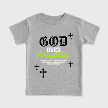 Sneakerfit graphic tee destination – Sneaker Tees To Match Air Max 90 Neon Yellow Sneakers – God Over Everything Kids T-Shirt Heather Grey 2