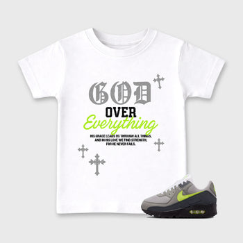 Sneakerfit graphic tee destination – Sneaker Tees To Match Air Max 90 Neon Yellow Sneakers – God Over Everything Kids T-Shirt White 1