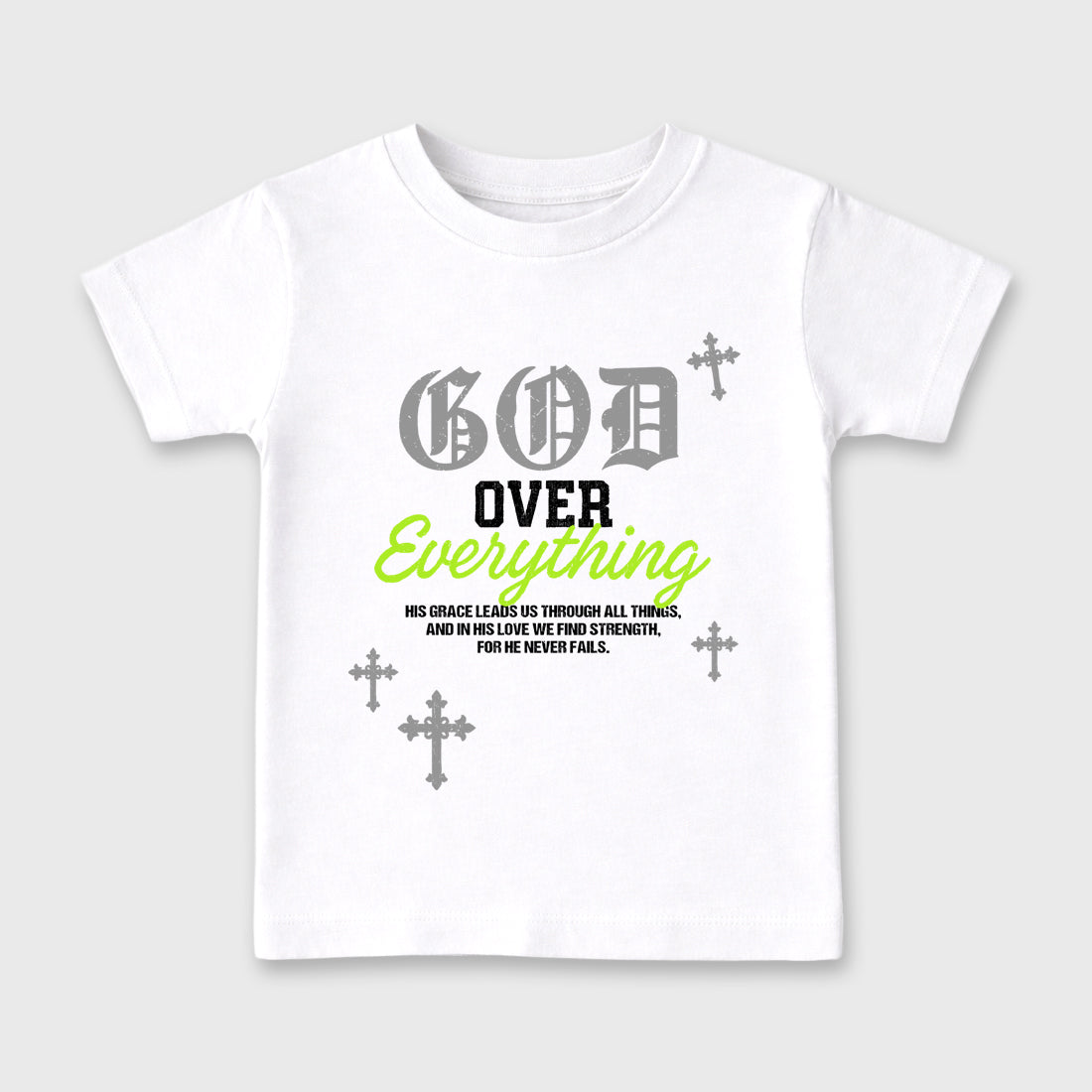 Sneakerfit graphic tee destination – Sneaker Tees To Match Air Max 90 Neon Yellow Sneakers – God Over Everything Kids T-Shirt White 2