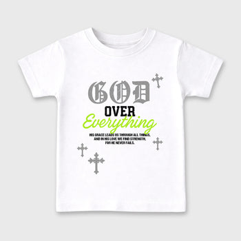Sneakerfit graphic tee destination – Sneaker Tees To Match Air Max 90 Neon Yellow Sneakers – God Over Everything Kids T-Shirt White 2