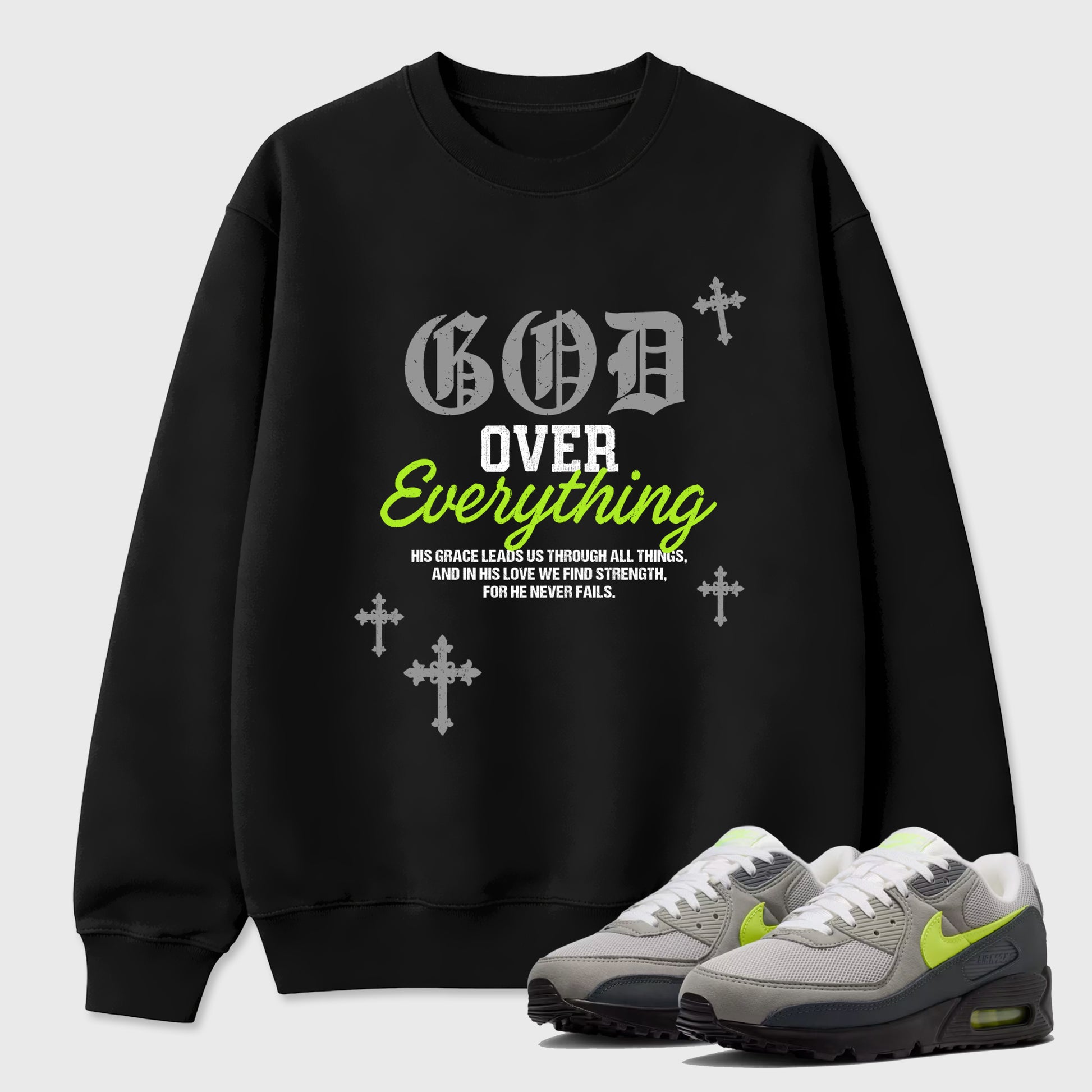 Sneakerfit graphic tee destination – Sneaker Tees To Match Air Max 90 Neon Yellow Sneakers – God Over Everything Tee Black 1