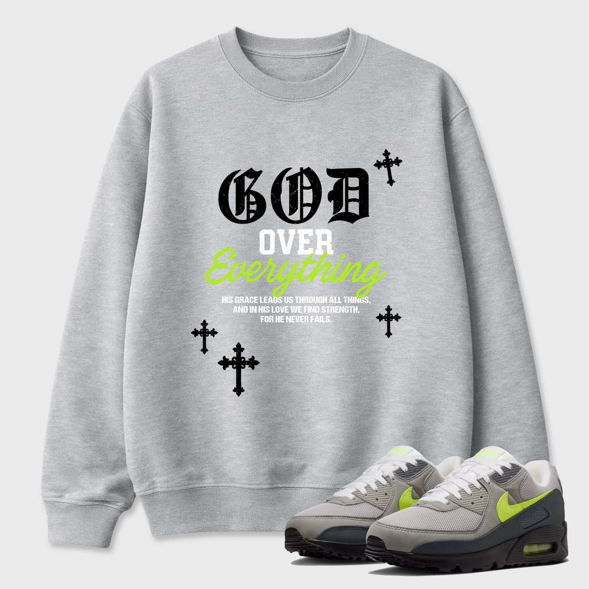 Sneakerfit graphic tee destination – Sneaker Tees To Match Air Max 90 Neon Yellow Sneakers – God Over Everything Tee Heather Grey 1