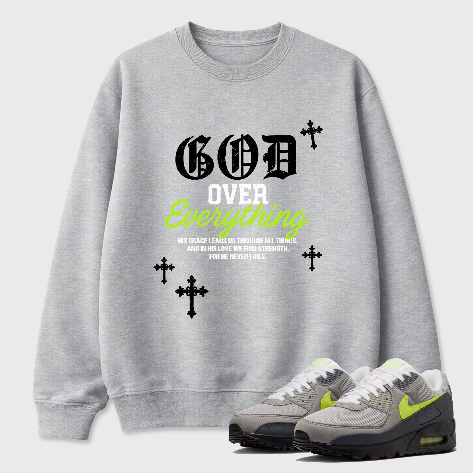 Sneakerfit graphic tee destination – Sneaker Tees To Match Air Max 90 Neon Yellow Sneakers – God Over Everything Tee Heather Grey 1
