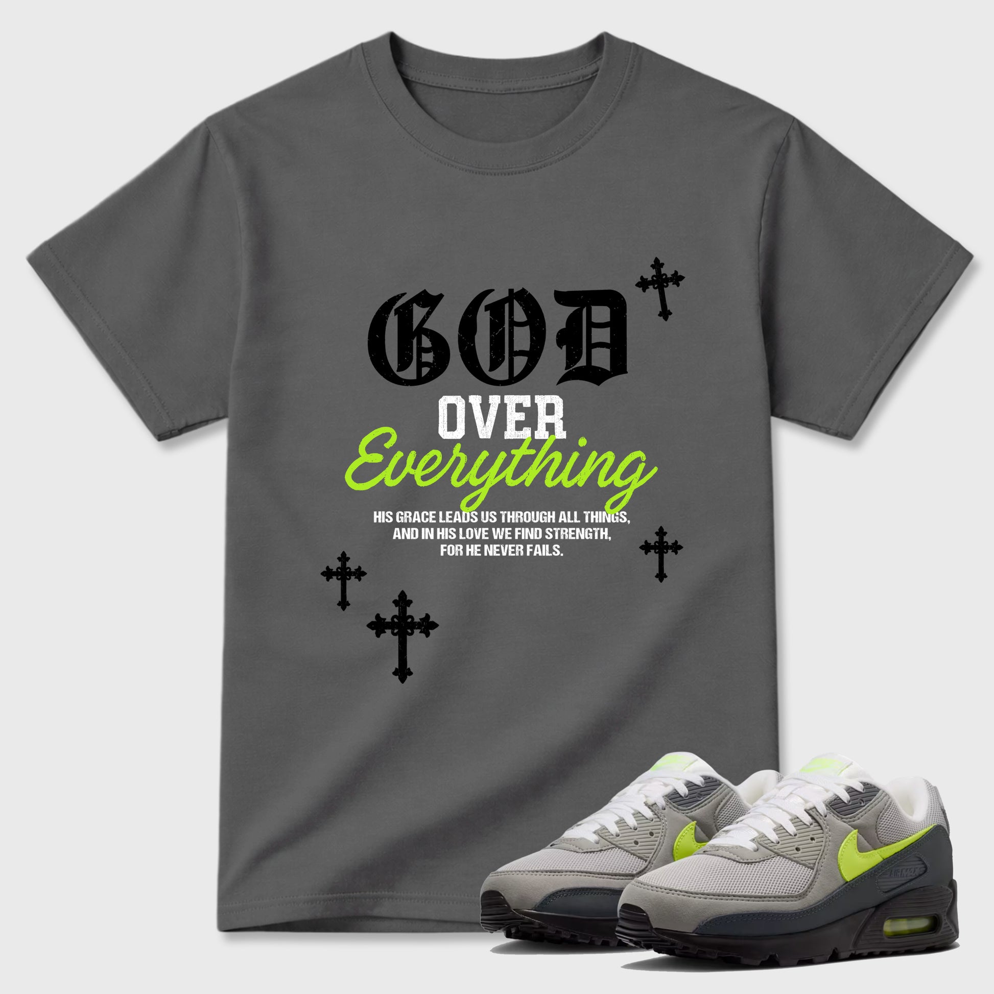 Sneakerfit graphic tee destination – Sneaker Tees To Match Air Max 90 Neon Yellow Sneakers – God Over Everything Tee Cool Grey 1