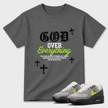 Sneakerfit graphic tee destination – Sneaker Tees To Match Air Max 90 Neon Yellow Sneakers – God Over Everything Tee Cool Grey 1