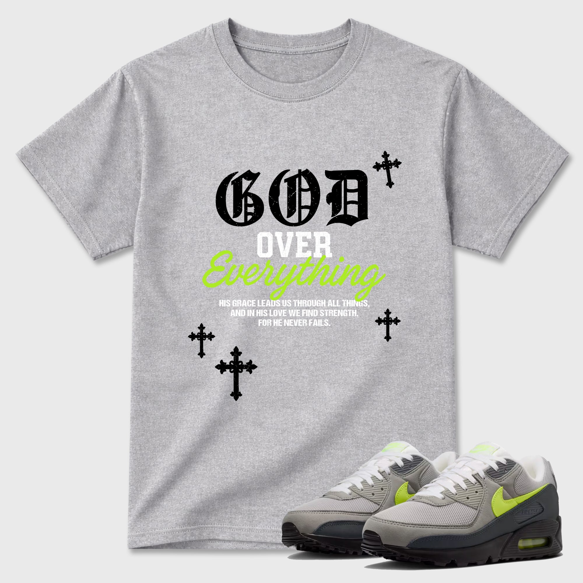 Sneakerfit graphic tee destination – Sneaker Tees To Match Air Max 90 Neon Yellow Sneakers – God Over Everything Tee Heather Grey 1